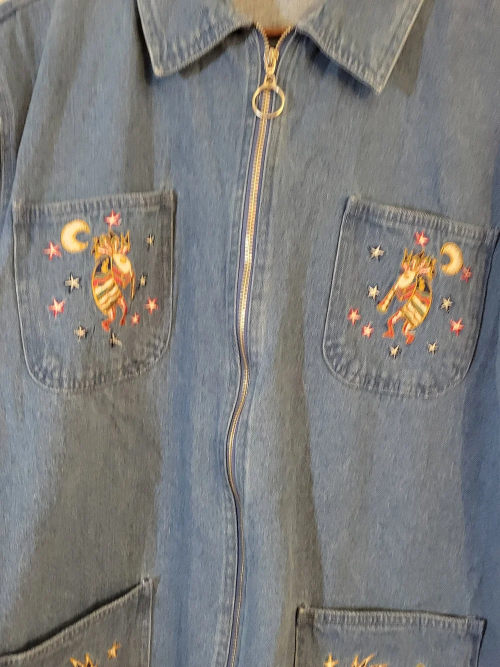 100 % Cotton Embroidered Denim Zip-Up Jacket - Southwestern Motif